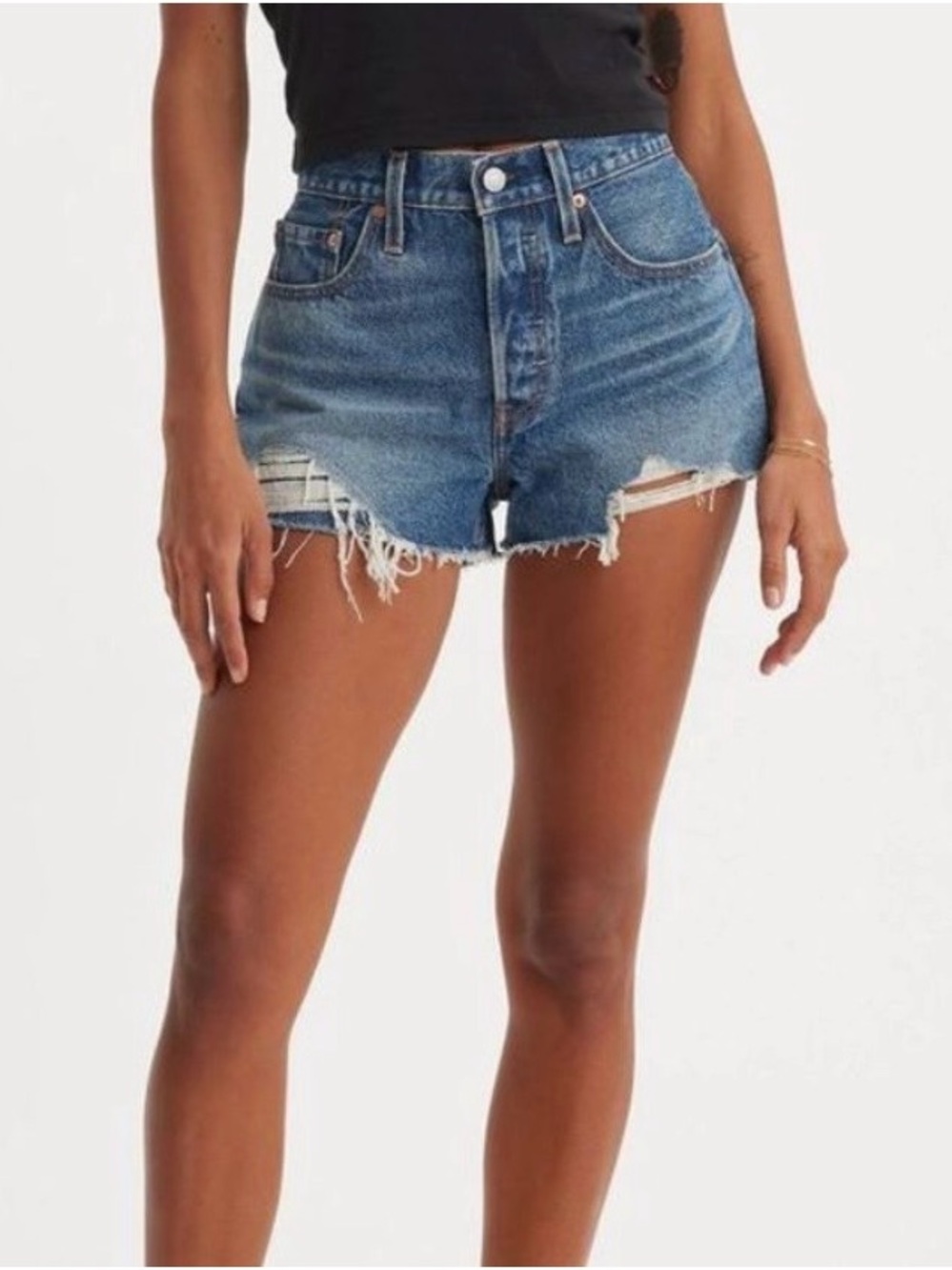 Levi's Original 501 High Waist Button Fly Distressed Jean Shorts Denim Shorts